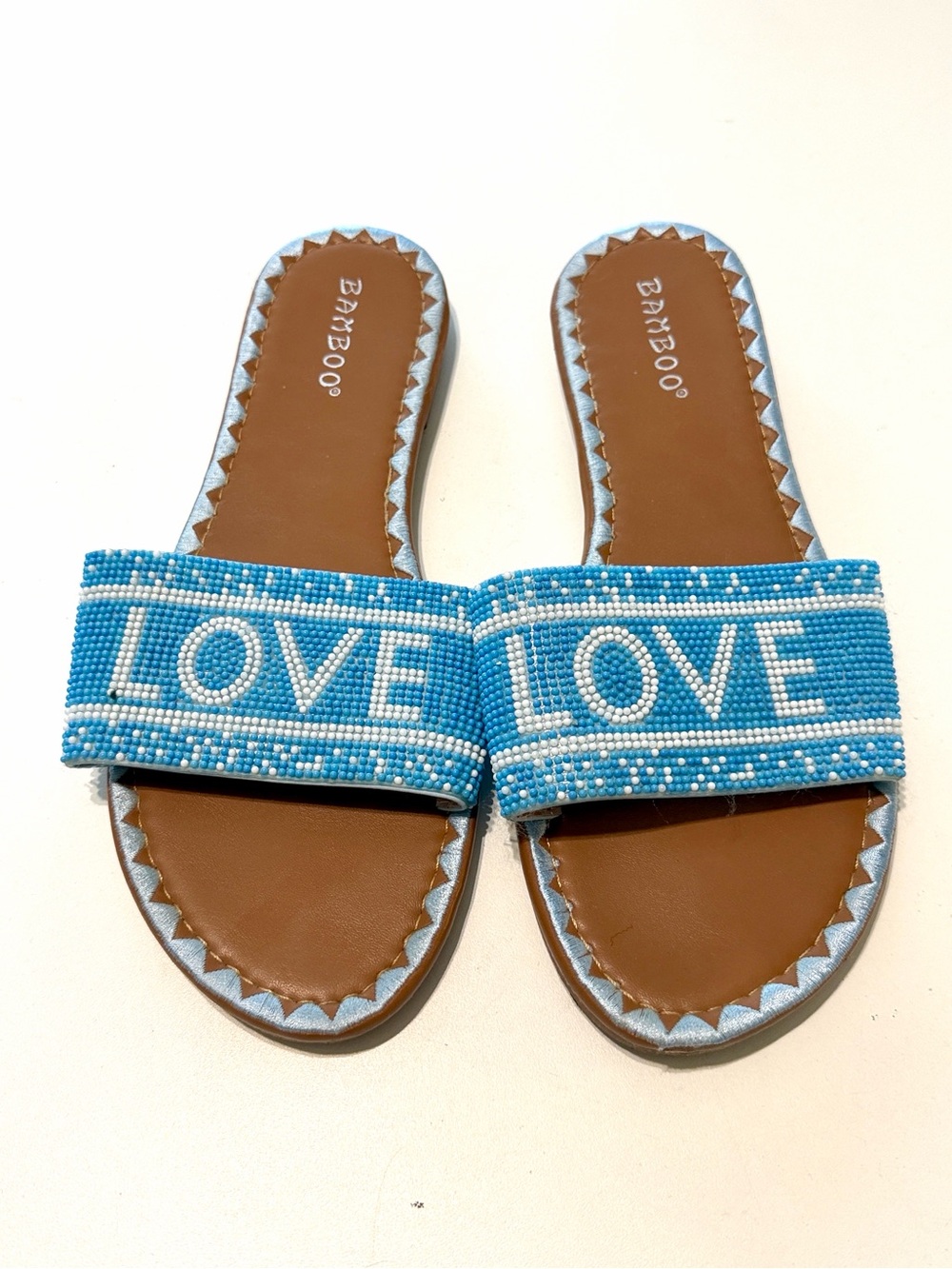 BAMBOO Blue Beaded "LOVE" Slide Sandals